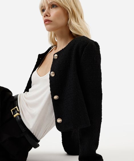 casaco feminino de tweed preto