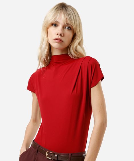 body com pregas no ombro em poliamida liso vermelha