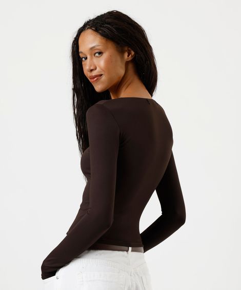 blusa cropped feminina de poliamida decote redondo manga longa marrom