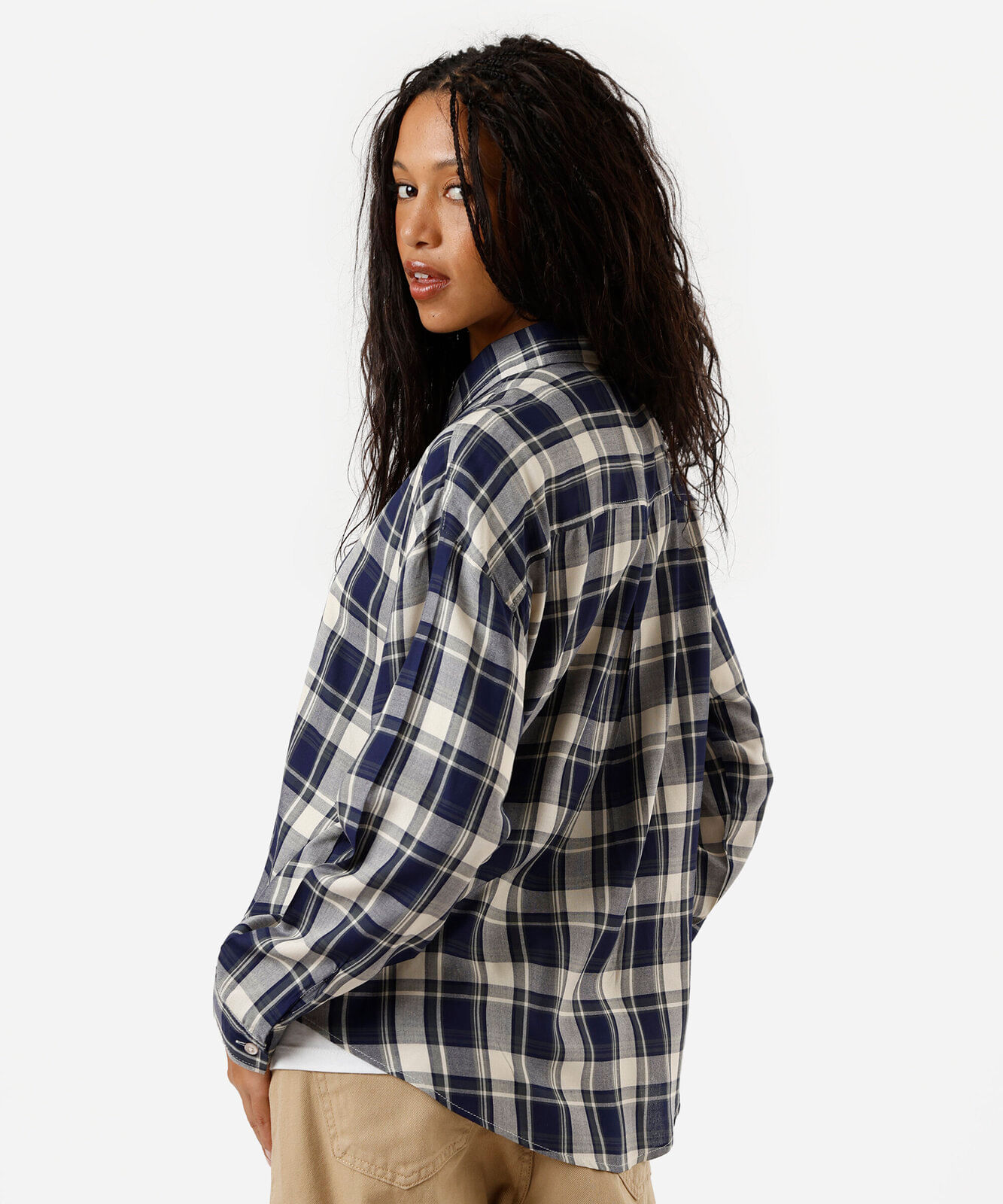 camisa oversized feminina manga longa xadrez azul