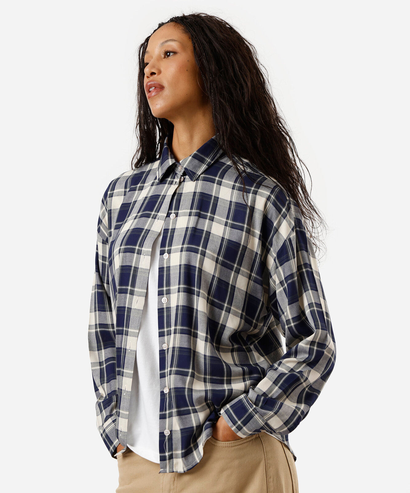 camisa oversized feminina manga longa xadrez azul
