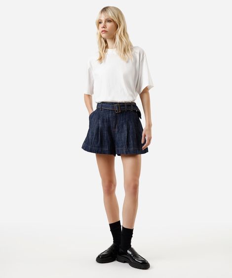 short feminino jeans com cinto cintura alta  azul