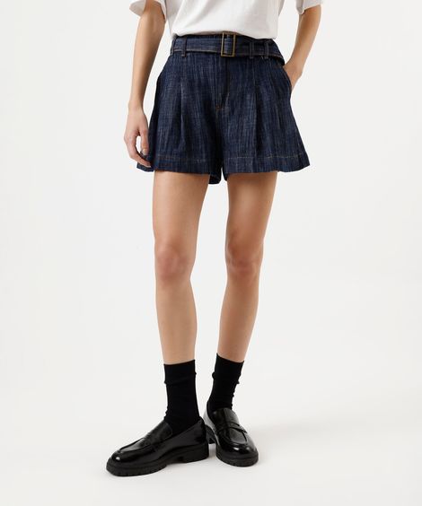 short feminino jeans com cinto cintura alta  azul