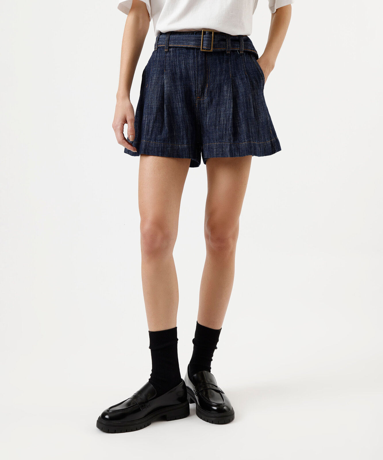 short feminino jeans com cinto cintura alta  azul