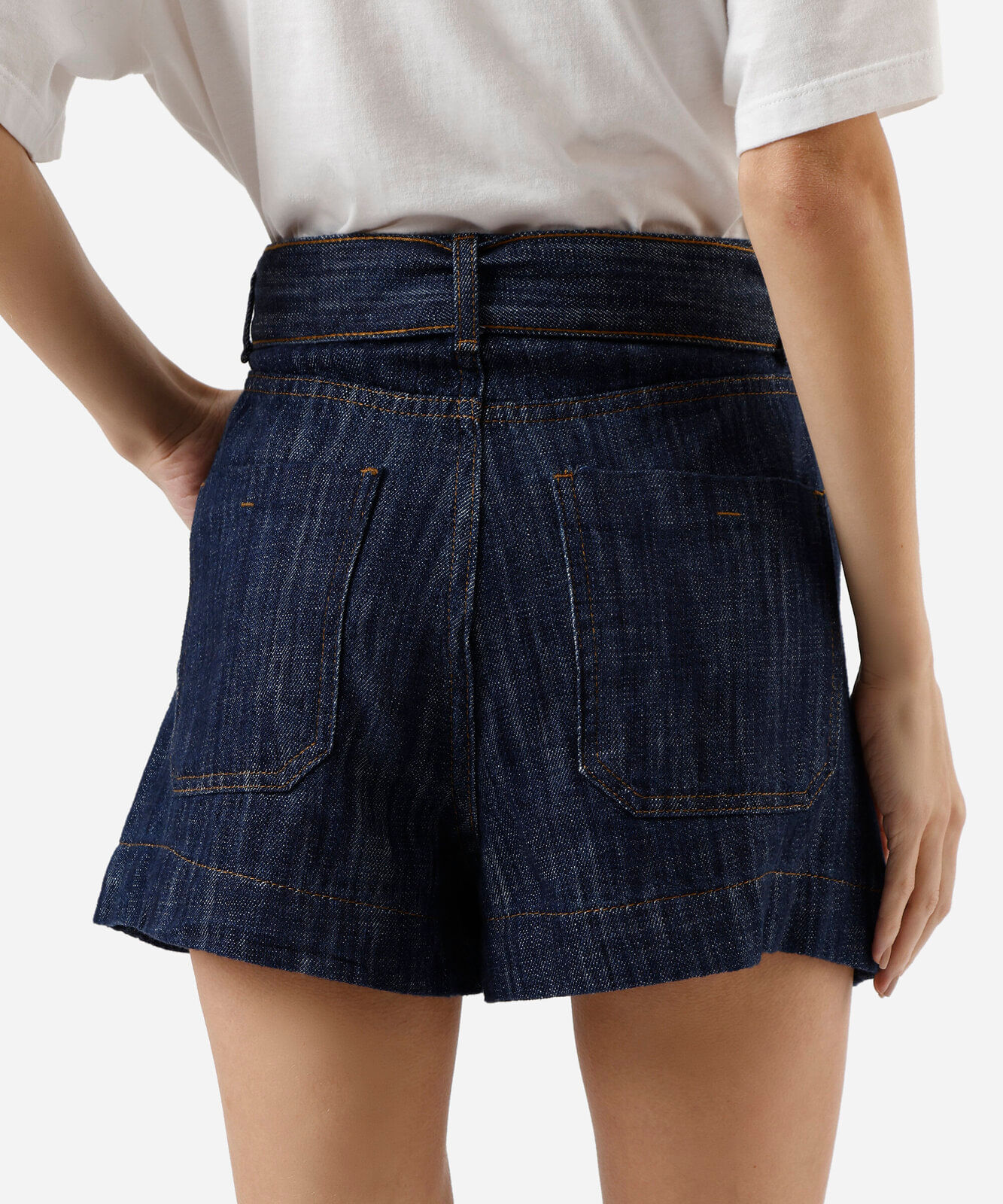 short feminino jeans com cinto cintura alta  azul