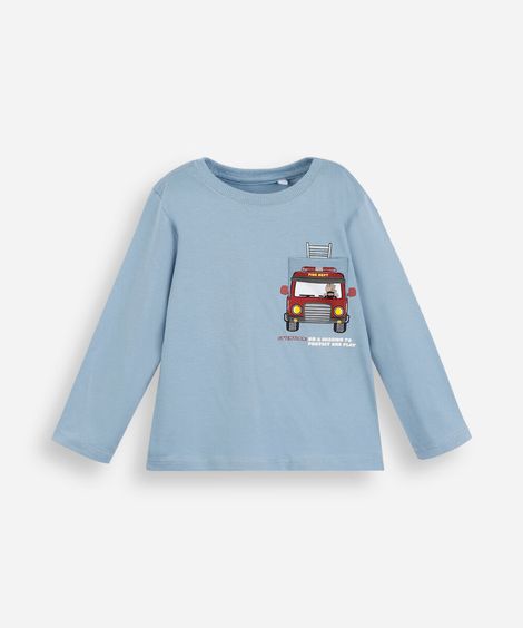 camiseta infantil de algodão manga longa estampada azul