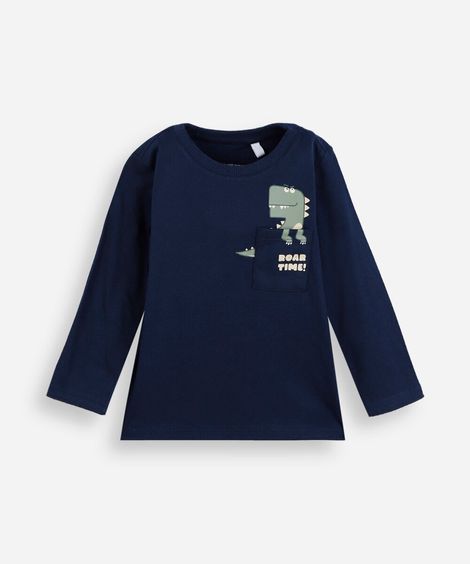 camiseta infantil de algodão manga longa dino  azul
