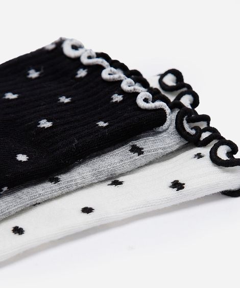 kit de 3 meias cano alto com frufru poá colorido