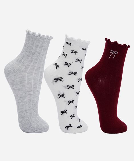 kit de 3 meias cano alto com frufu laços colorido