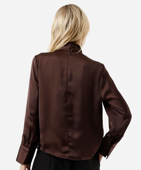 blusa feminina com pregas manga longa acetinada marrom