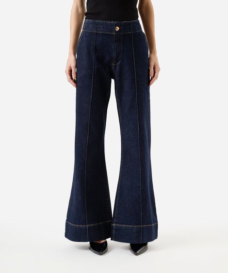 calça flare feminina jeans com nervura cintura alta azul