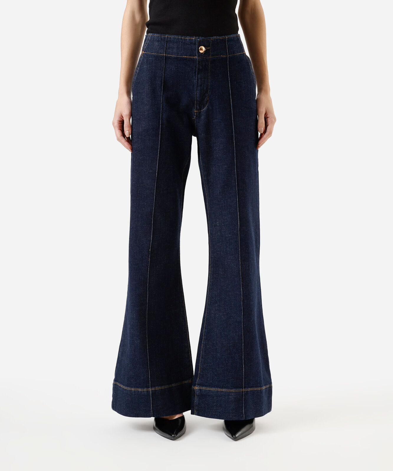 calça flare feminina jeans com nervura cintura alta azul