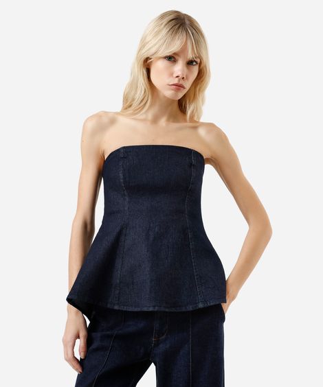 blusa peplum sem alça feminina jeans azul