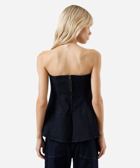 blusa peplum sem alça feminina jeans azul