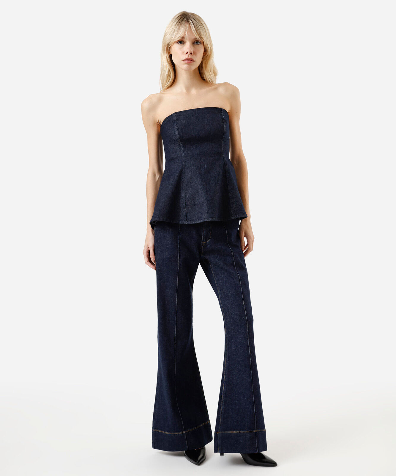 blusa peplum sem alça feminina jeans azul