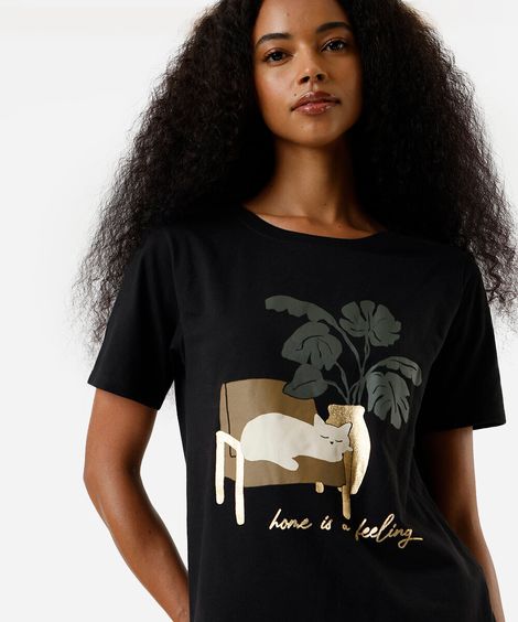 camiseta feminina de algodão gato preta