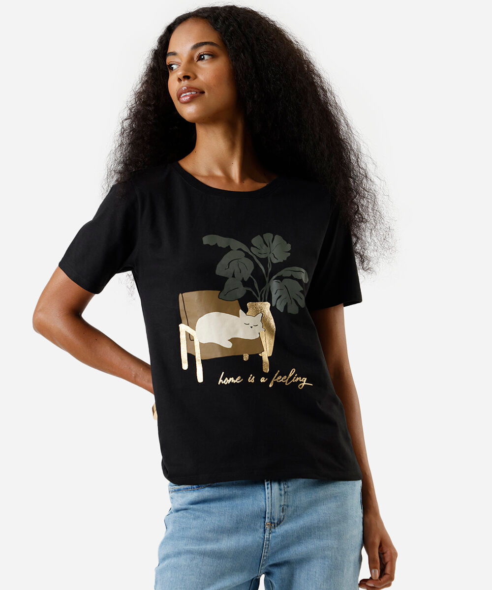 camiseta feminina de algodão gato preta