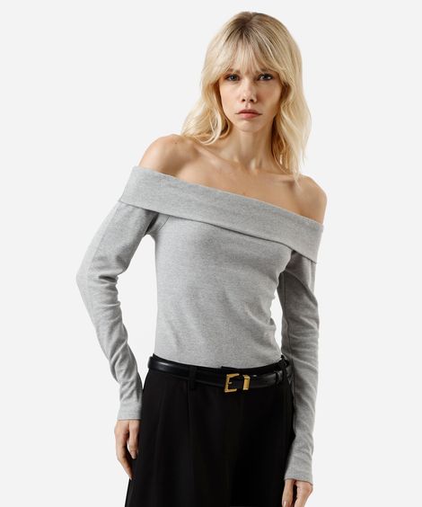 blusa ombro a ombro feminina com algodão manga longa canelada cinza