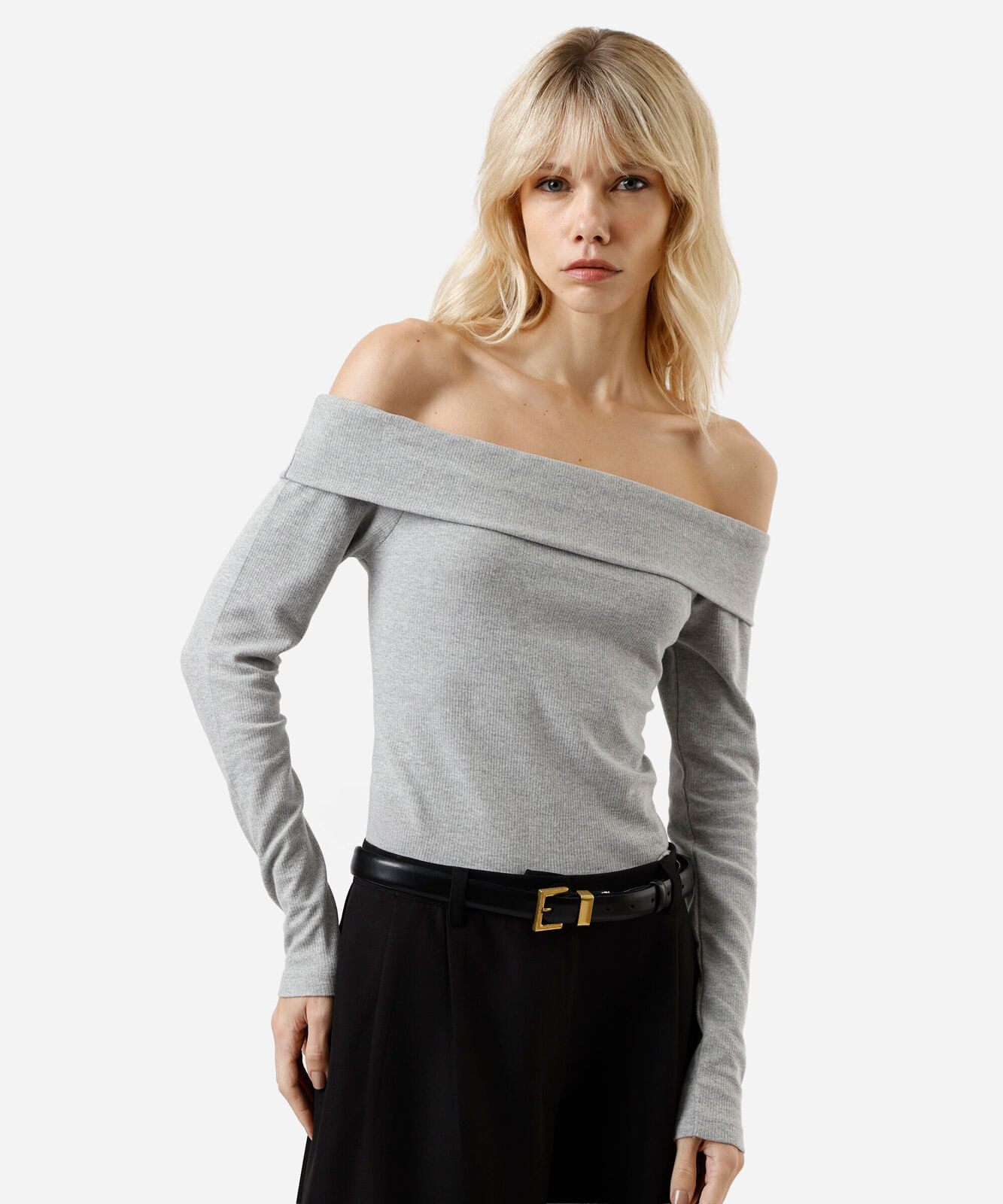 blusa ombro a ombro feminina com algodão manga longa canelada cinza