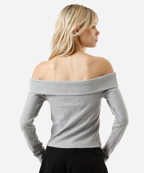 blusa ombro a ombro feminina com algodão manga longa canelada cinza