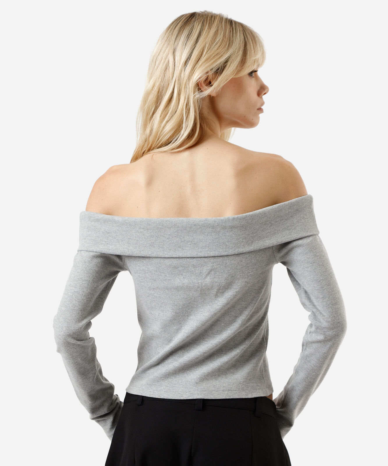 blusa ombro a ombro feminina com algodão manga longa canelada cinza