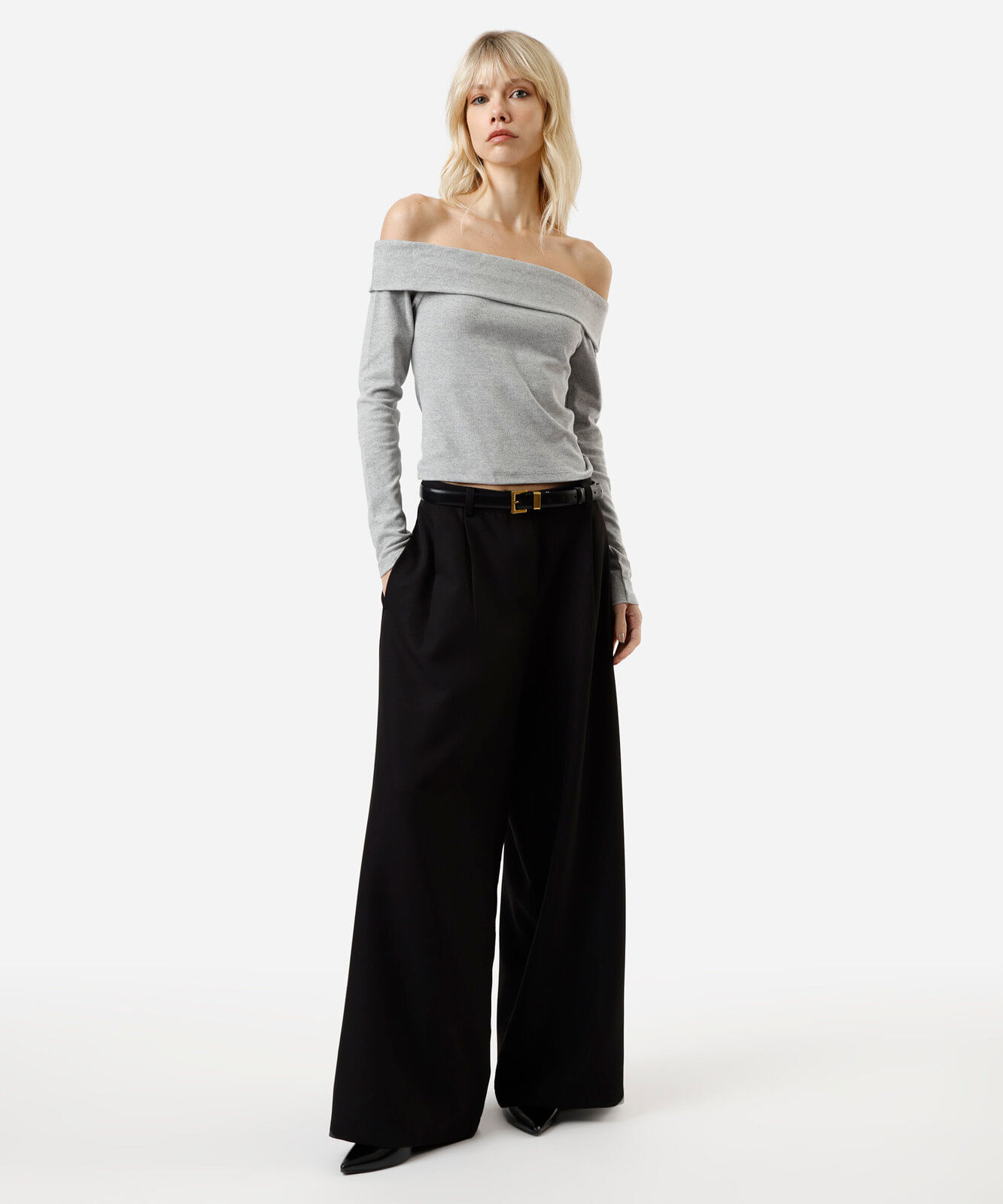 blusa ombro a ombro feminina com algodão manga longa canelada cinza
