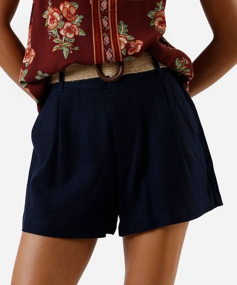short de alfaiataria feminino com linho e cinto azul