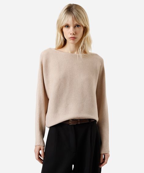 suéter amplo feminino de tricot canelado bege