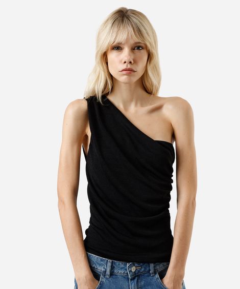 blusa ombro único feminina franzida acetinada preta