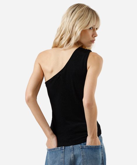 blusa ombro único feminina franzida acetinada preta