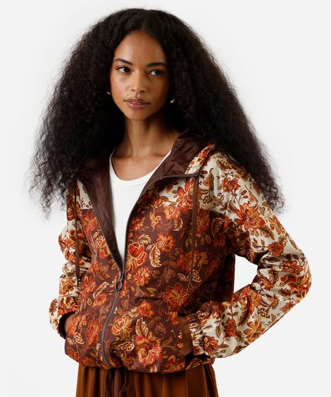 jaqueta corta vento feminina com capuz floral marrom