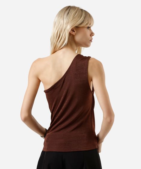 blusa ombro único feminina franzida acetinada marrom