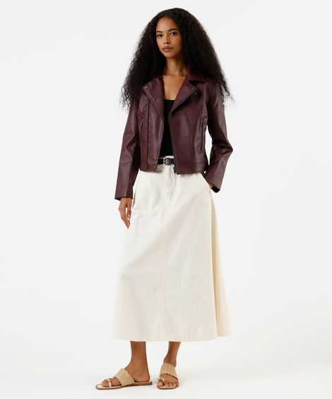 saia midi evasê feminina de sarja com cinto bege