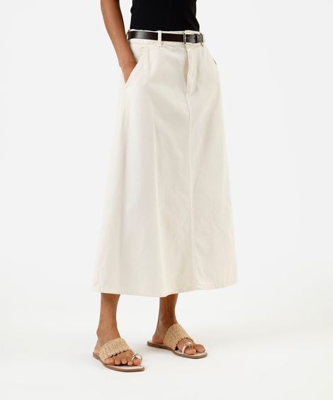 saia midi evasê feminina de sarja com cinto bege