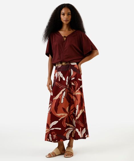 saia midi feminina com linho e cinto folhagens vinho