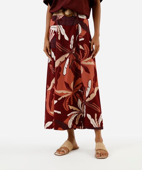 saia midi feminina com linho e cinto folhagens vinho