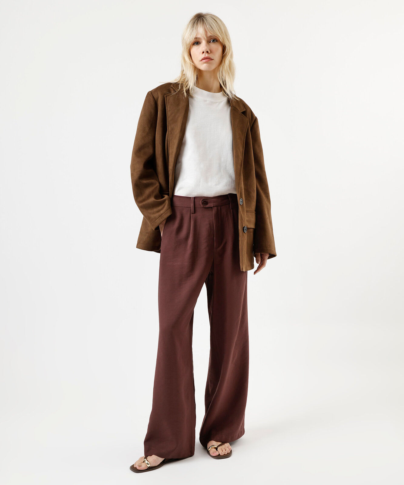 calça wide leg feminina com viscose cós elástico marrom