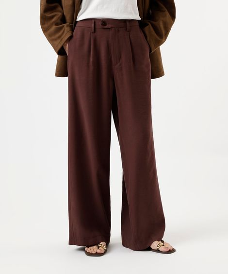 calça wide leg feminina com viscose cós elástico marrom