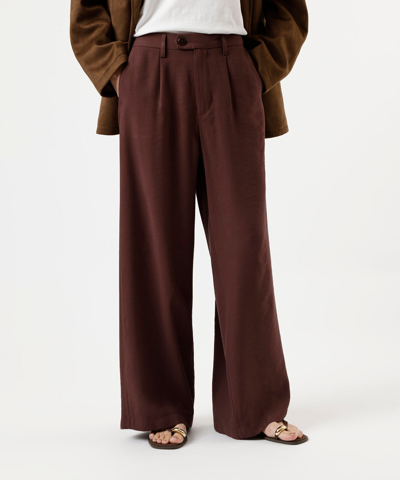calça wide leg feminina com viscose cós elástico marrom