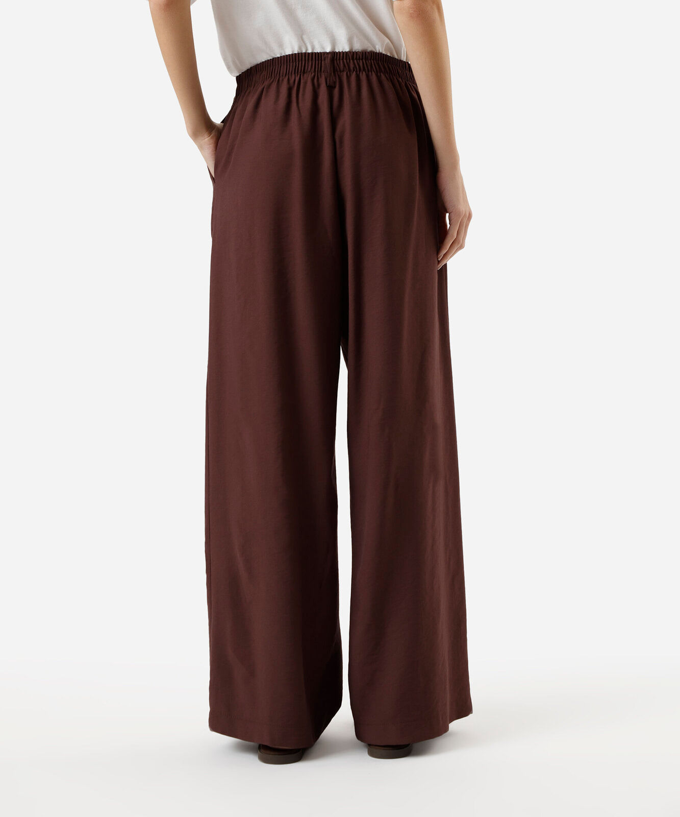calça wide leg feminina com viscose cós elástico marrom