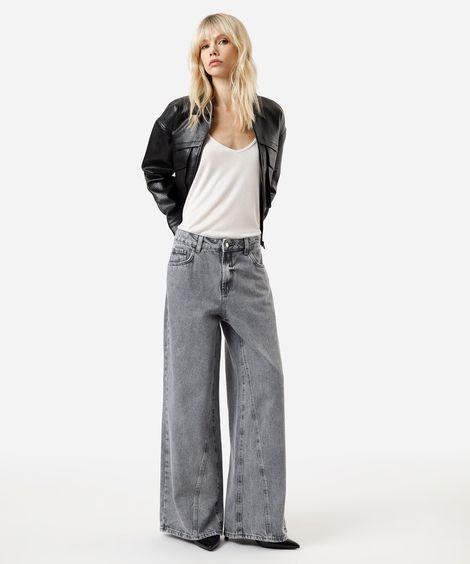 calça wide leg feminina jeans com recorte cintura baixa cinza