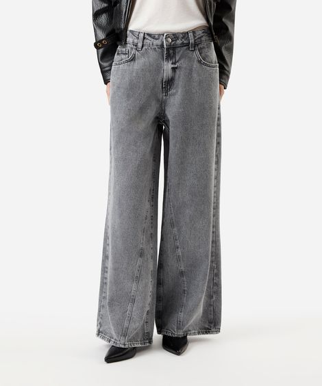 calça wide leg feminina jeans com recorte cintura baixa cinza