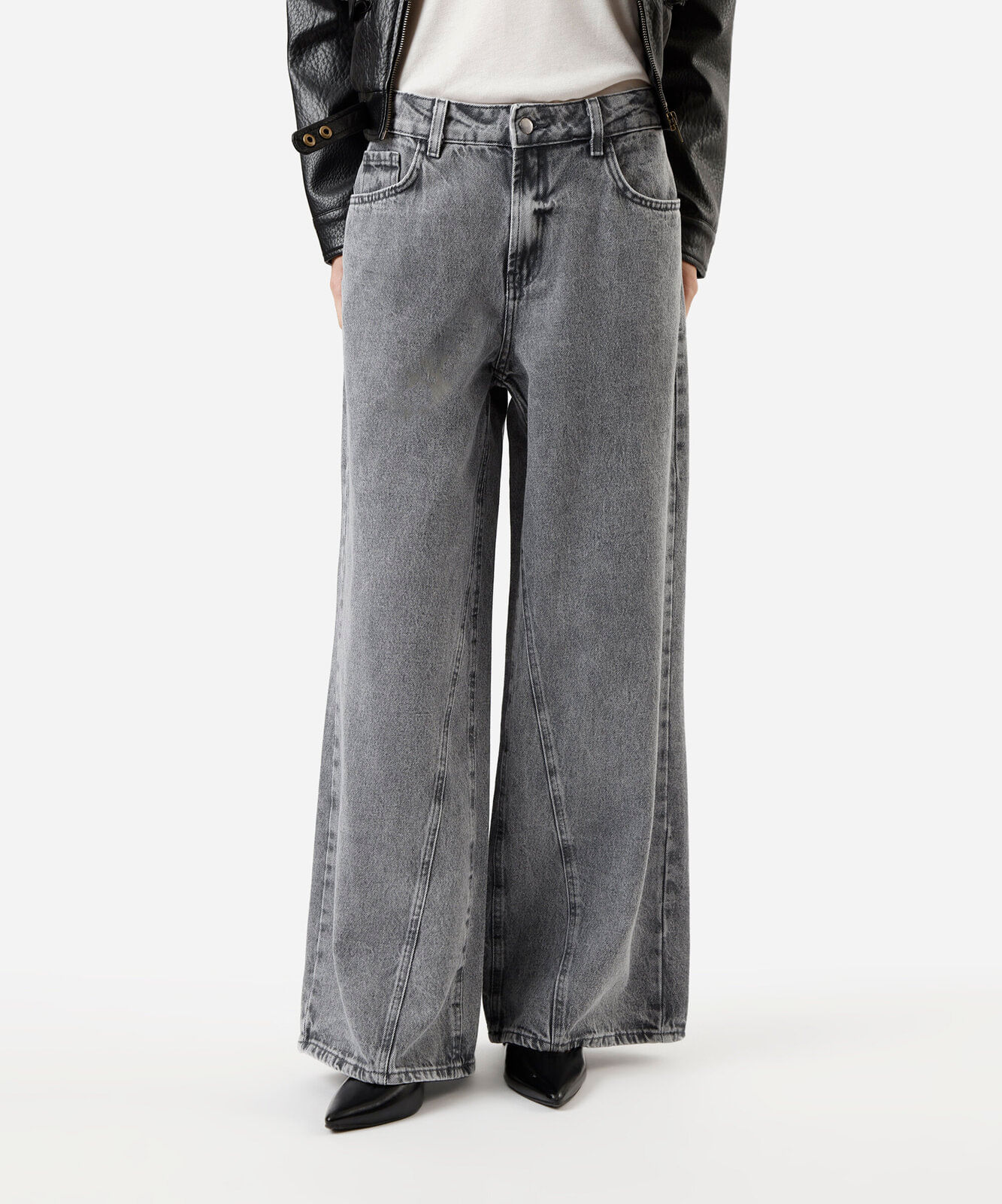calça wide leg feminina jeans com recorte cintura baixa cinza