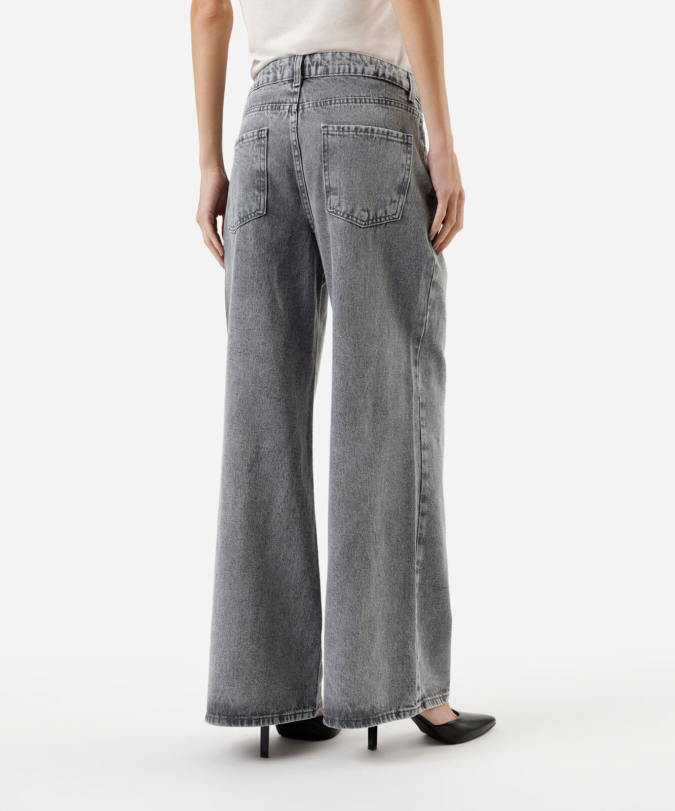 calça wide leg feminina jeans com recorte cintura baixa cinza