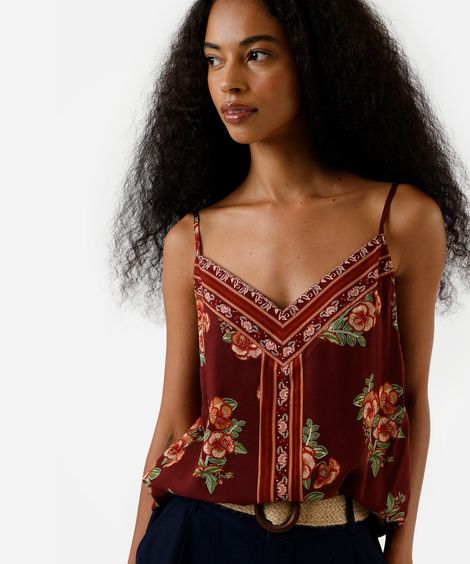 regata alça fina feminina de viscose decote  v floral vinho