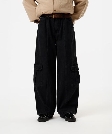 calça cargo oversized feminina jeans cintura baixa preta