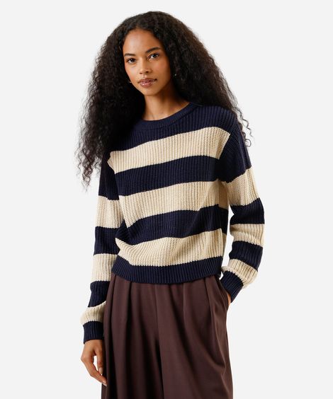 suéter feminino de tricot gola redonda  listrado azul