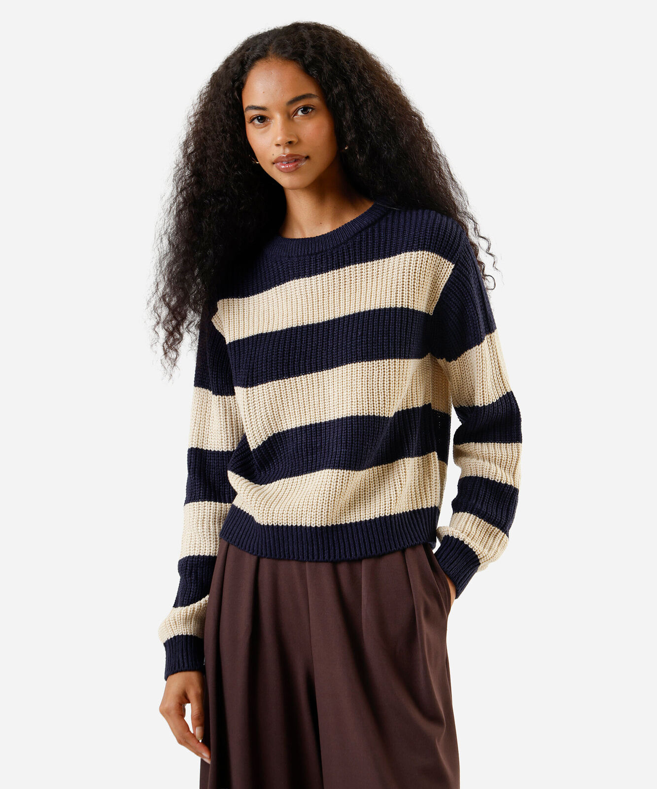 suéter feminino de tricot gola redonda  listrado azul