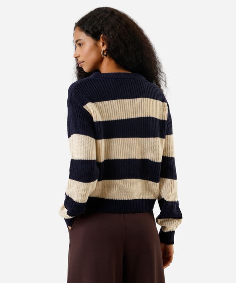 suéter feminino de tricot gola redonda  listrado azul