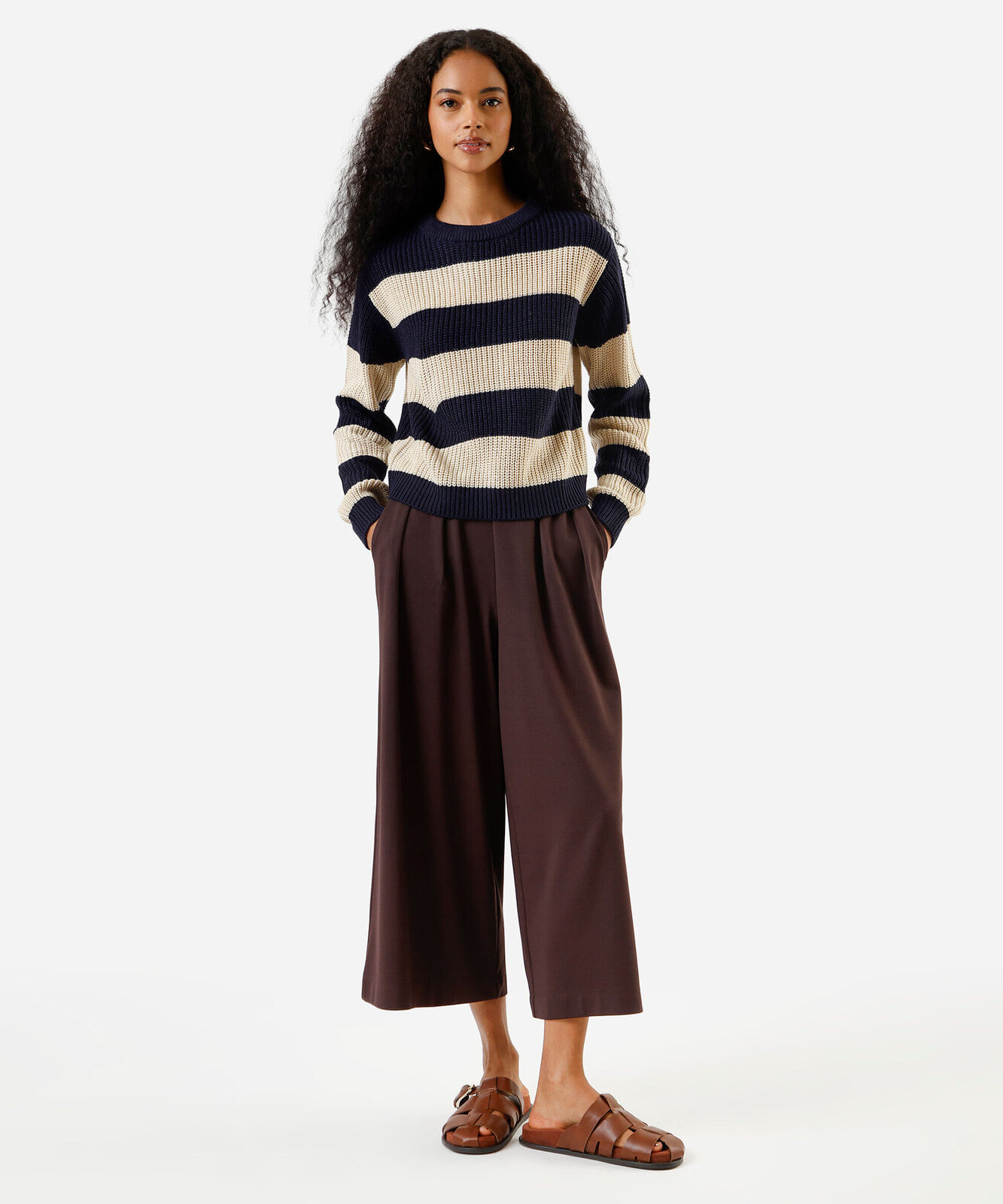 suéter feminino de tricot gola redonda  listrado azul